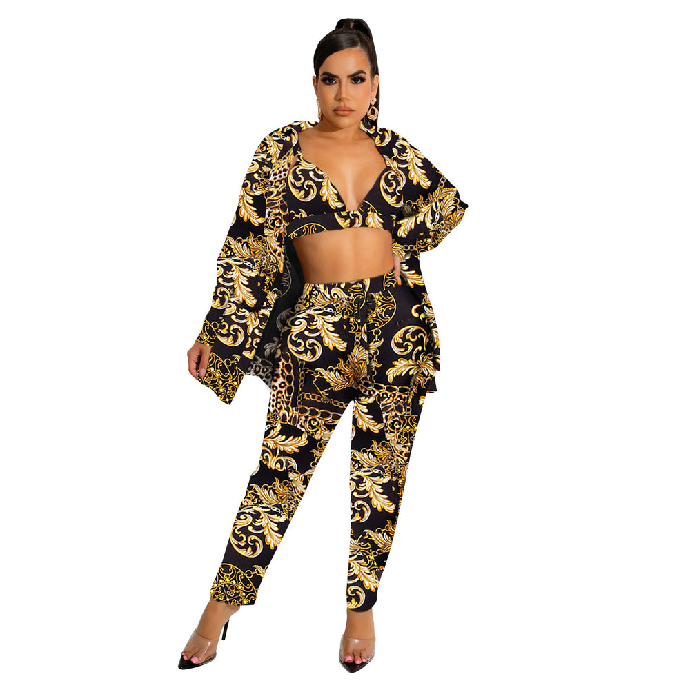 C5989 special offer: no returns or exchanges. please purchase carefully. cross-border fashion women's long-sleeve outerwear and lined pants three-piece set