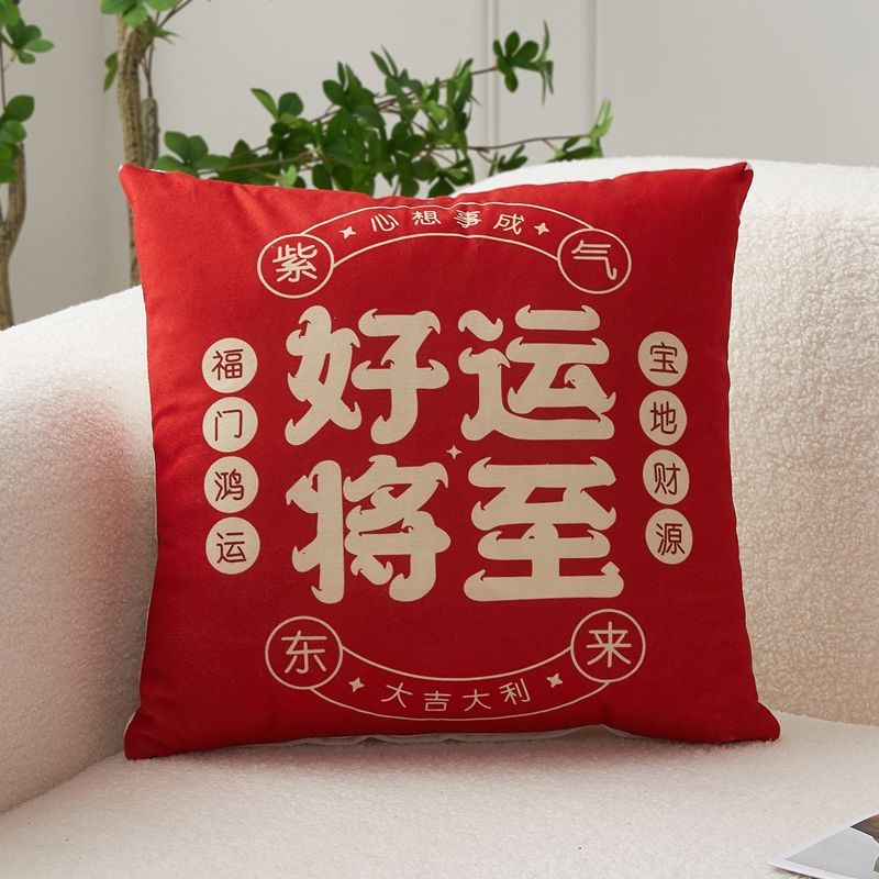 New short plush Guochao text throw pillow Home decoration sofa throw pillow Get rich New Year throw pillow