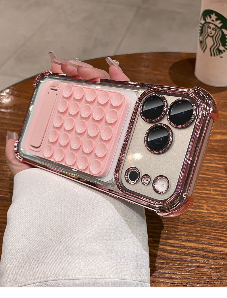 Silicone suction cup kickstand case for iphone 17 pro max, apple 15 electroplated four-corner shockproof phone case