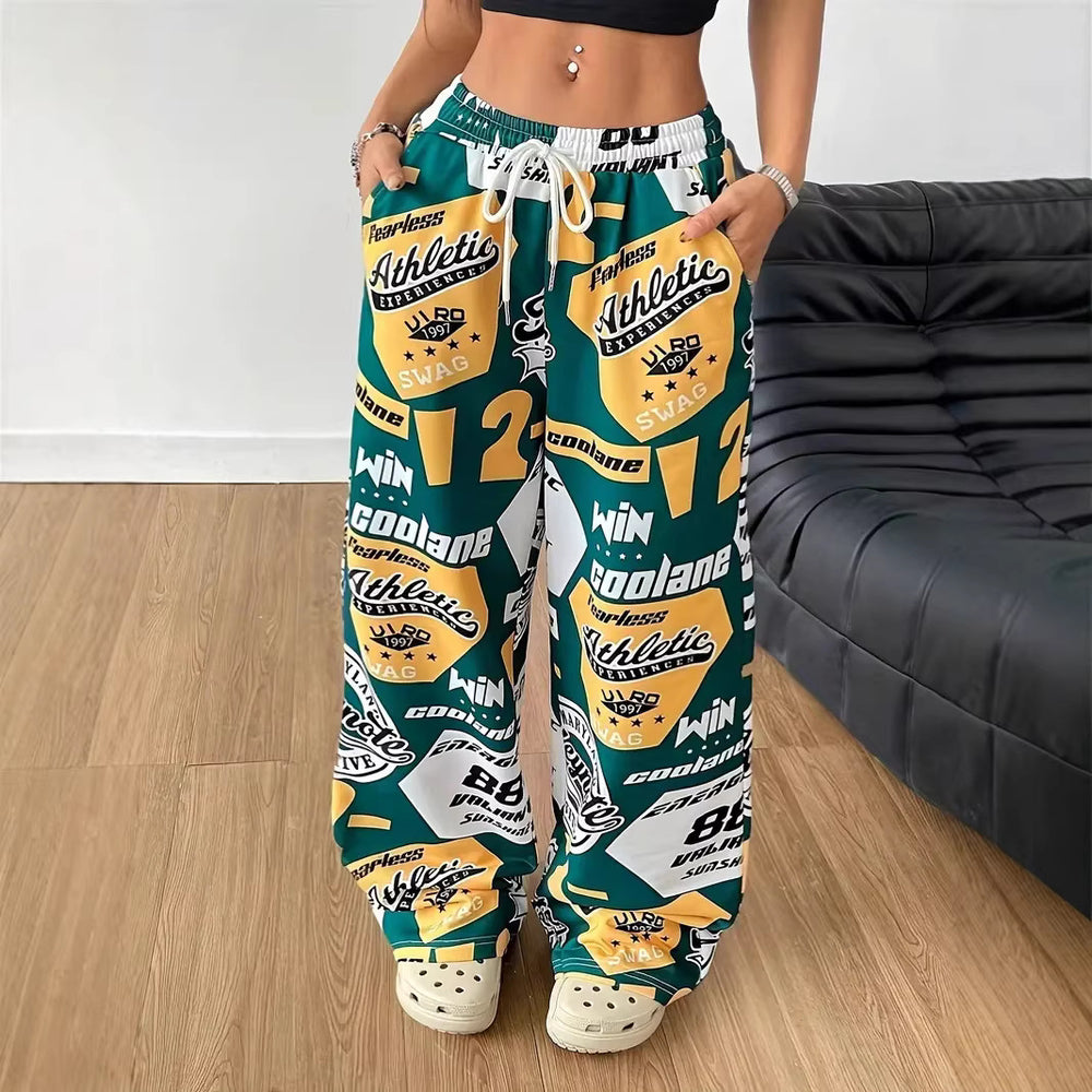 Ready-to-ship  spring/summer european and american women's fashion: new hot girl style pocket streetwear printed loose fit casual pants