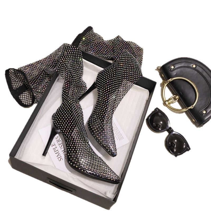 Women's cut out over-the-knee boots popular style blingbling rhinestone stiletto heel fishnet boots fashionins high heels