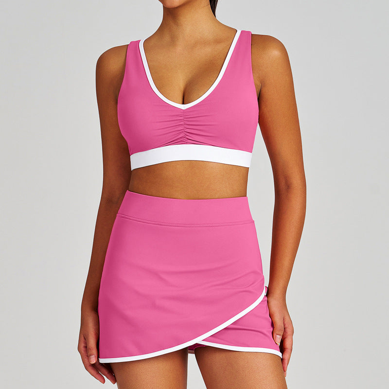 Color block ruched shockproof quick-dry shorts, fitness top, sports bra, underwear, yoga tennis skirt set for women