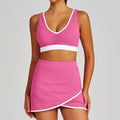 Color block ruched shockproof quick-dry shorts, fitness top, sports bra, underwear, yoga tennis skirt set for women