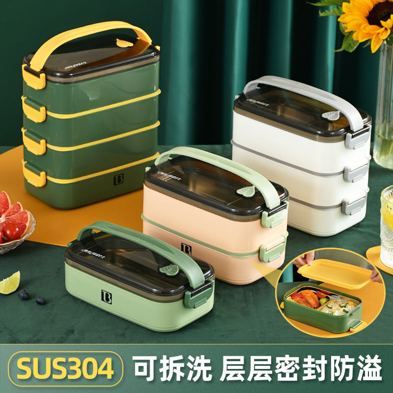 304 stainless steel multi-layer insulated lunch box, rectangular portable sealed meal container, student double-layer divided bento box