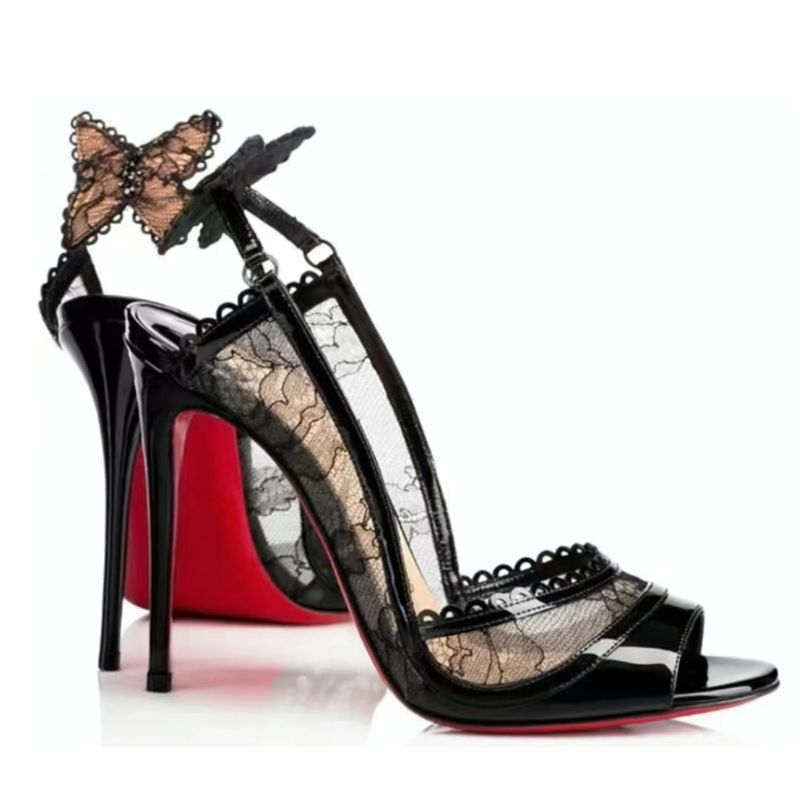 2026 new fish mouth patent leather lace bow red sole high heels stiletto heel hollow-out french style women's summer pumps