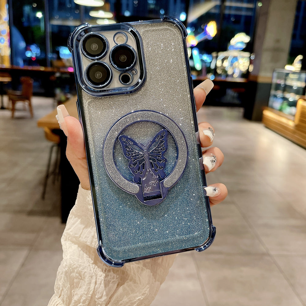 New 17 apple 16 butterfly glitter stand magnetic phone case, four-corner drop protection iphone 15 cover, compatible with iphone 13