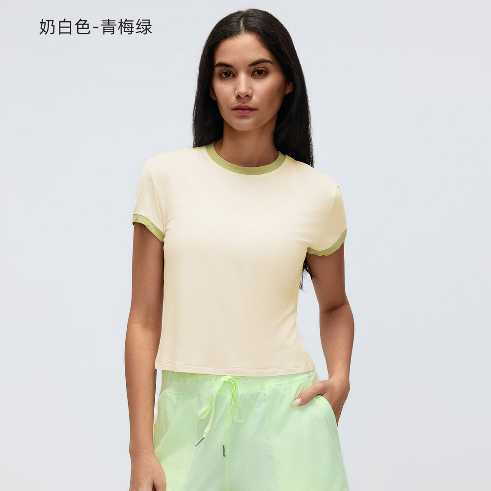 Color block shoulder cropped activewear tee - women's summer solid color crew neck sports yoga top d26053