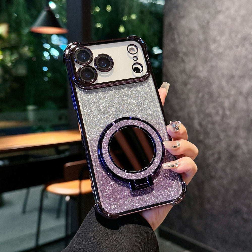 Glitter mirror magnetic stand compatible iphone 17 pro case, 16, apple 13, four-corner electroplated drop-proof protection