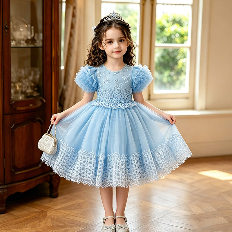 Girls' dress  new sweet style tutu princess dress short sleeve tulle knee-length children's formal dress - in stock
