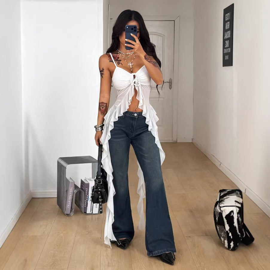 fashion  summer new women's fashion trendy sexy backless adjustable strap chiffon blouse solid color