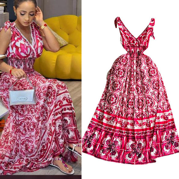 Frenchretrotie back suspender dresssummer women's sense of designniche style waist slimming look large swing floral long skirt