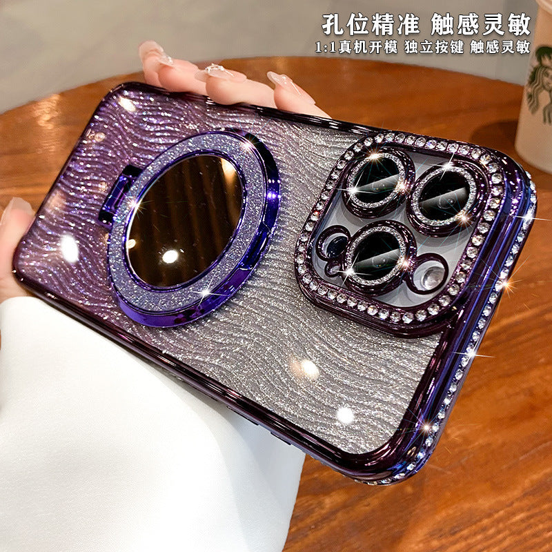 Apple 17pro luxury rhinestone glitter suitable for iphone 16e mobile phone case 15 water ripple mirror bracket magnetic suction