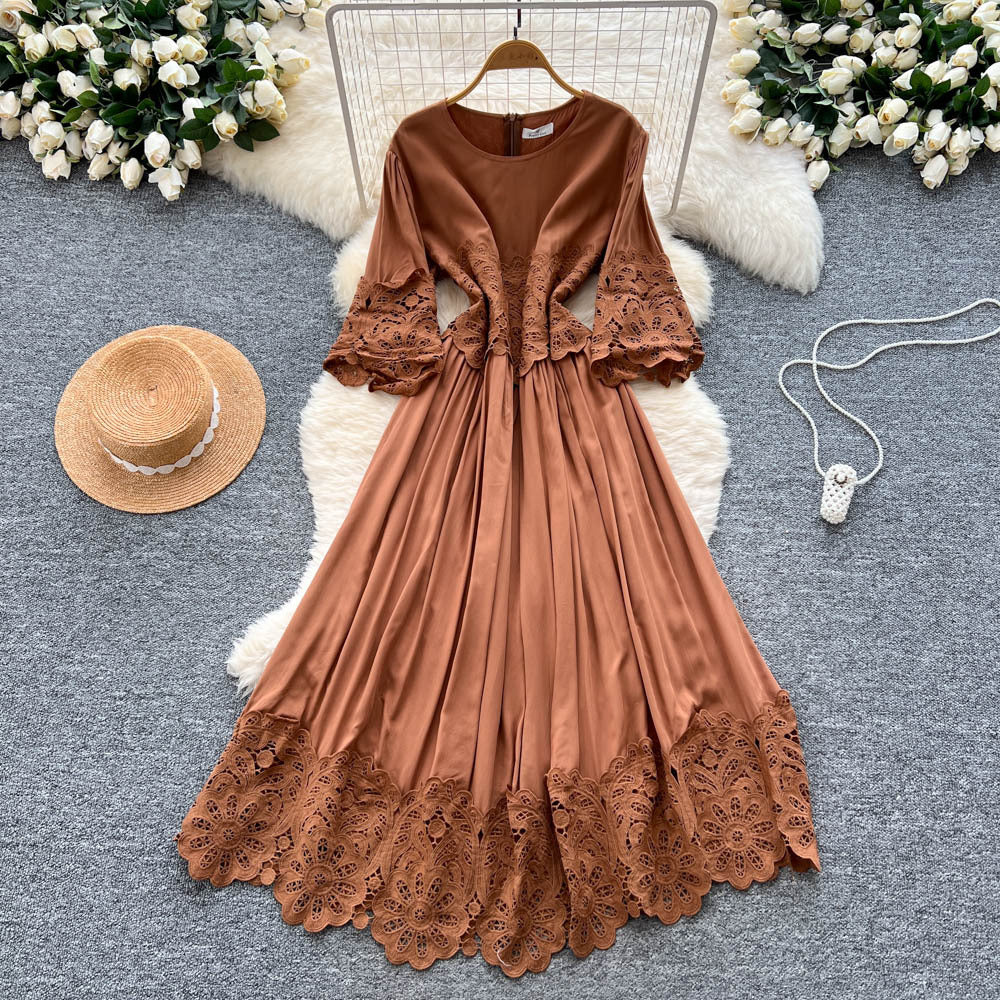 French court style three-quarter sleeve dress - women's summer mesh hollow-out crochet design, elegant flowy maxi dress