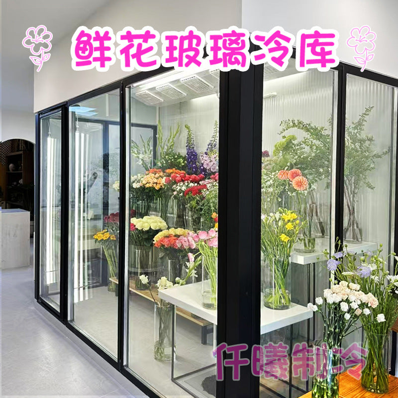 Complete glass cold storage system for flowers: professional glass conservatory, refrigerated flower display case, and air-cooled showcase for florists