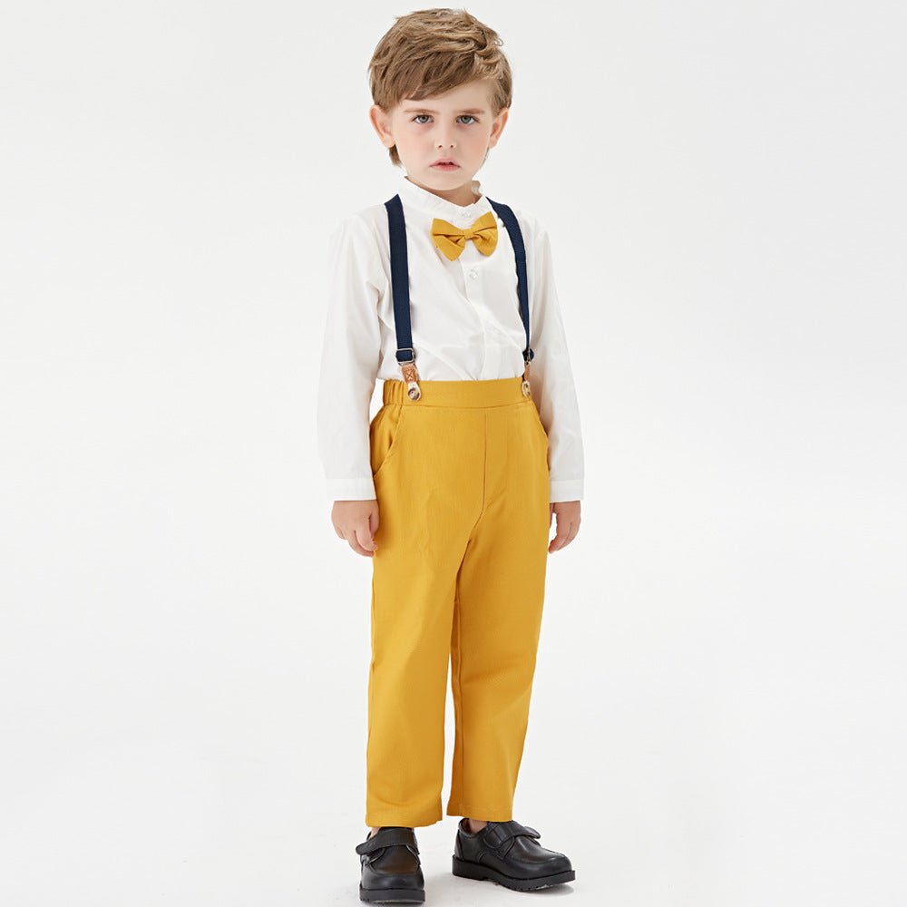 Autumn new korean style boys' outfit: long-sleeved stand collar white shirt and suspender pants, gentleman's two-piece set for kids