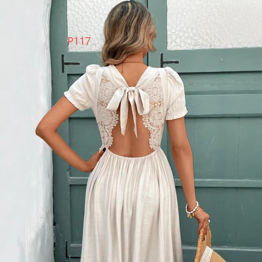 european and american spring/autumn new v-neck casual backless summer dress