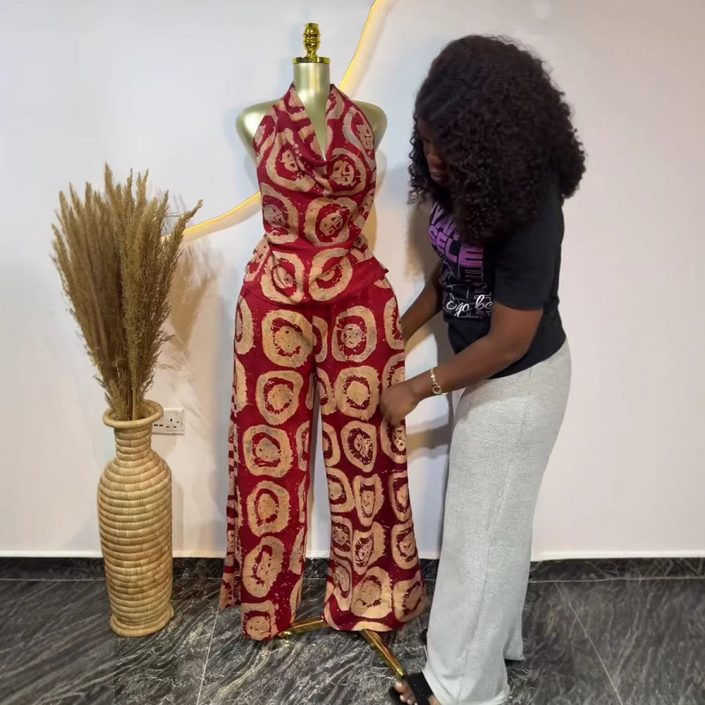 European and american cross-border women's fashion:  summer new collection - vintage print, backless sleeveless top & wide-leg pants set