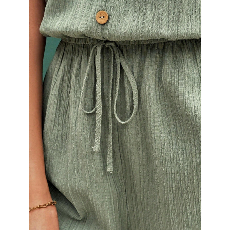 Women's knotted rope strap v-neck bodysuit sleeveless button-front tie waist short jumpsuit with pockets for beach