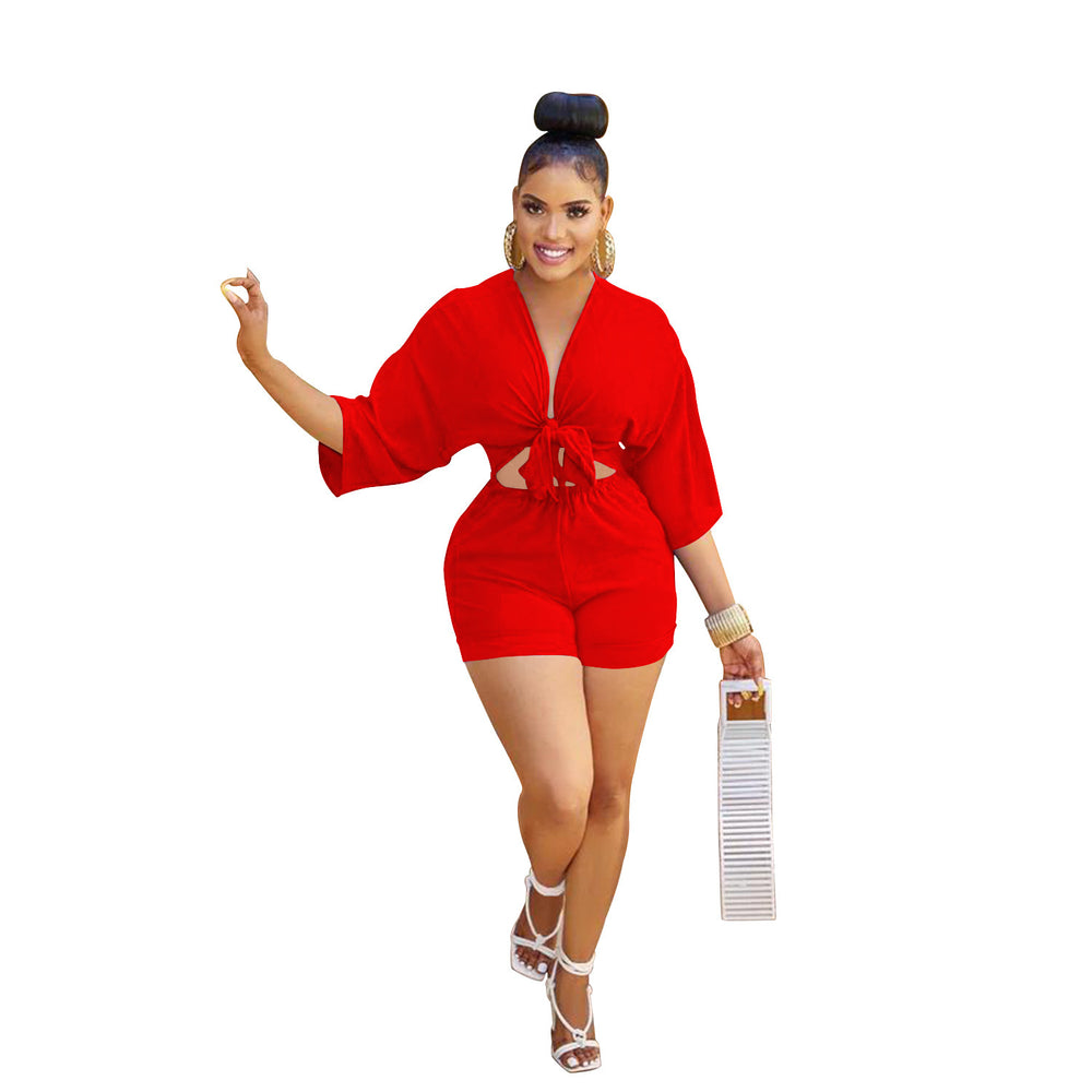 C5973 in stock cross-border   fashion women's shorts, mid-sleeve mock shirt jumpsuit