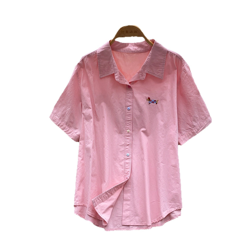 K-style pink polo collar small spur embroider short-sleeved shirt women's summernew arrivallooseeasiest for matchslimming looktops