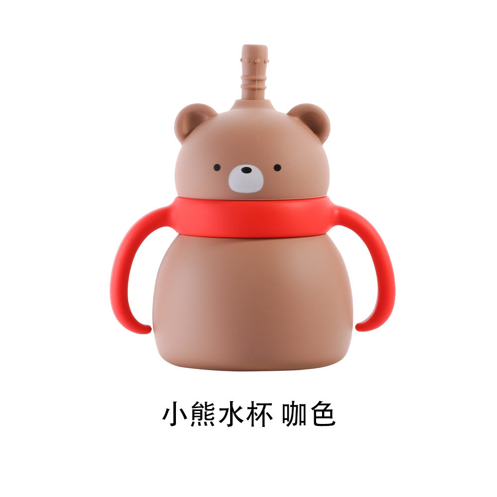 Baby silicone water cup Animal double handle Baby feeding tableware Drinking cup Large capacity silicone straw cup