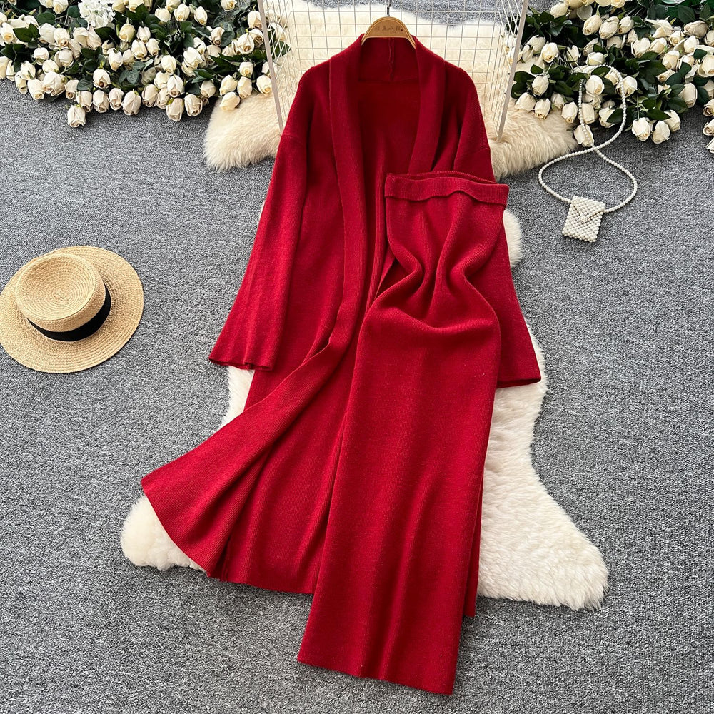 Minimalist solid color knitted mature woman's winter set: slim-fit bandeau dress with long cardigan coat