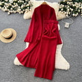 Minimalist solid color knitted mature woman's winter set: slim-fit bandeau dress with long cardigan coat