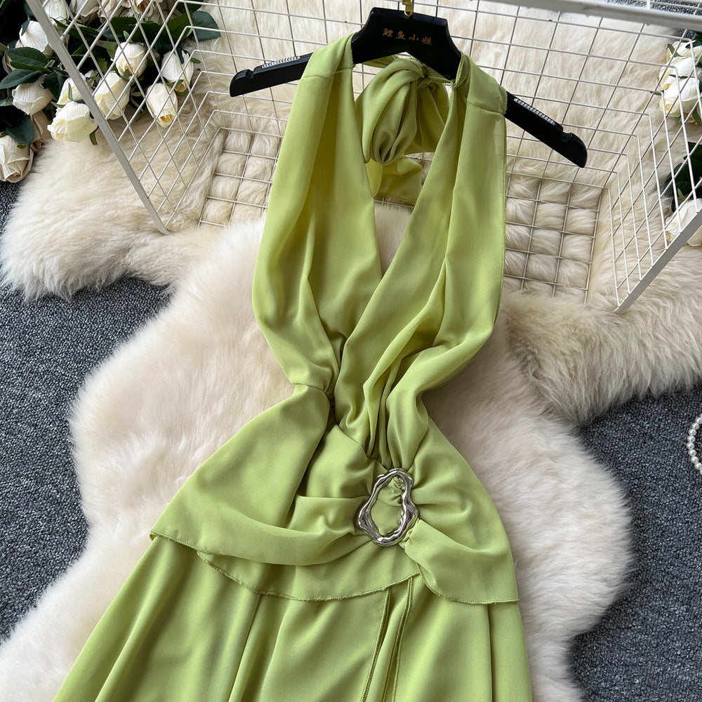 2025 summer new french style sleeveless halter neck tie backless dress women's pleated waist slit maxi dress