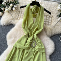 2025 summer new french style sleeveless halter neck tie backless dress women's pleated waist slit maxi dress