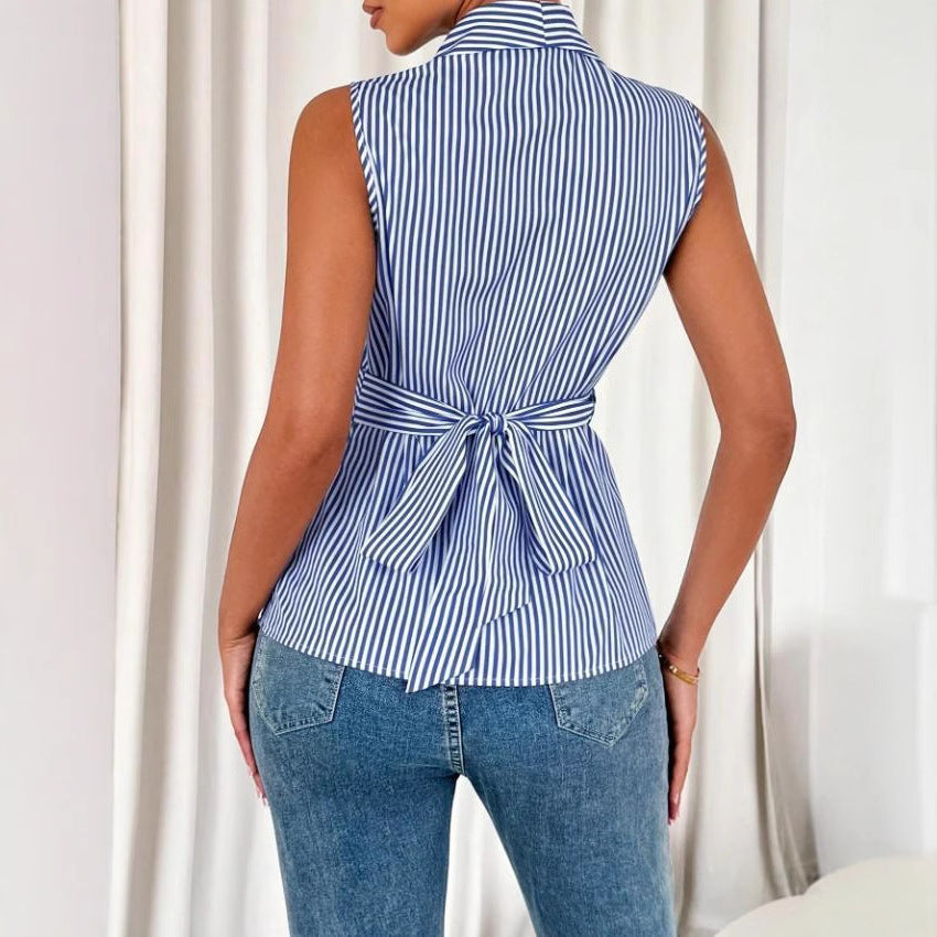 summer cross-border  women's striped sleeveless v-neck button-down shirt with back tie