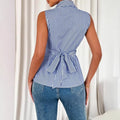 summer cross-border  women's striped sleeveless v-neck button-down shirt with back tie