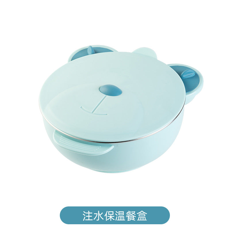 Wholesale stainless steel kids' meal set: baby suction plate, insulated water-filled bowl, divided plate, and weaning food utensil set