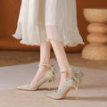 Xiuhe wedding dress bridal crystal sequin coming of age pearl chain bows women's high heels wedding shoes