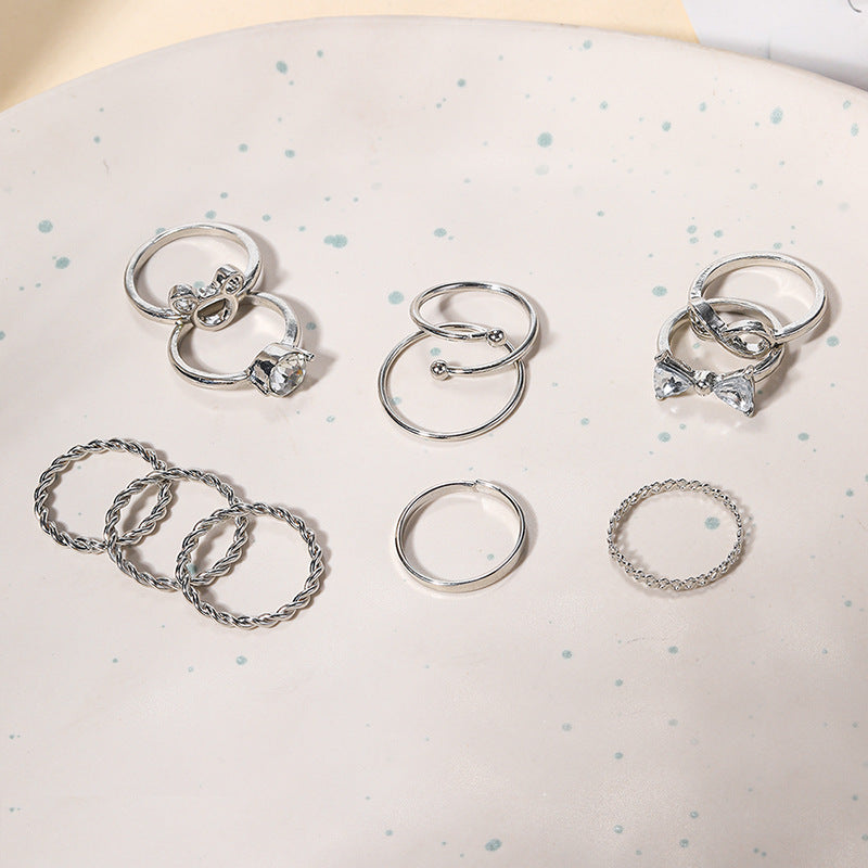 Wholesale bowknot rings: european and american cross-border accessories, women's ins-style niche high-end diamond 10-piece silver jewelry set