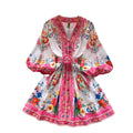 spring new arrivals: european and american style location print, slimming a-line v-neck single-breasted lantern sleeve mini dress