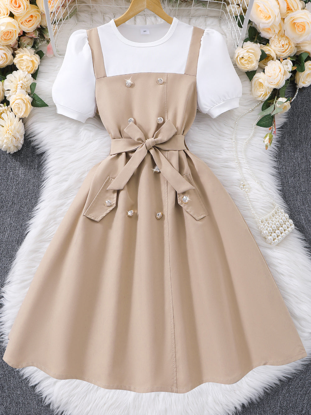 Big kids' (girls') dress, double-breasted suspender dress, short-sleeve faux two-piece dress