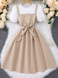 Big kids' (girls') dress, double-breasted suspender dress, short-sleeve faux two-piece dress