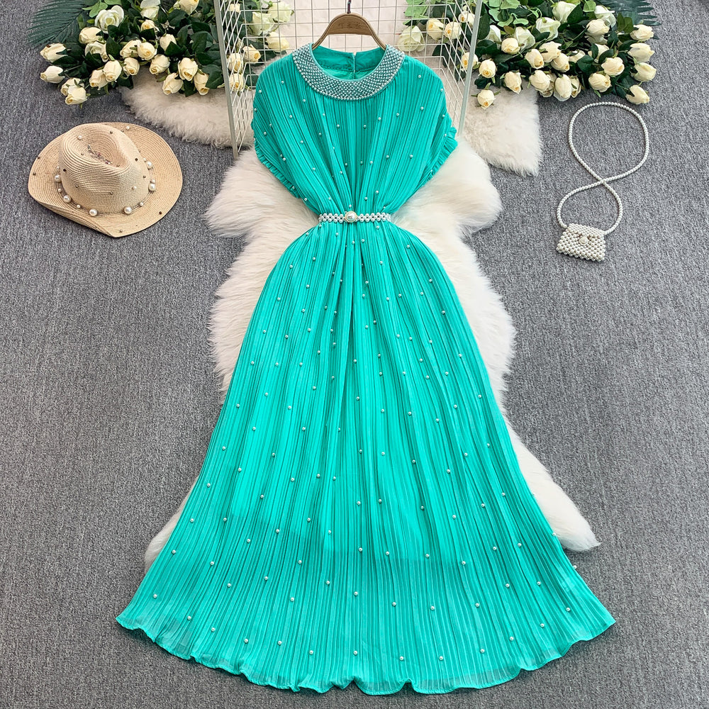 European and american light luxury socialite beaded round neck dress - women's summer slimming pleated elegant long gown