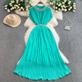European and american light luxury socialite beaded round neck dress - women's summer slimming pleated elegant long gown