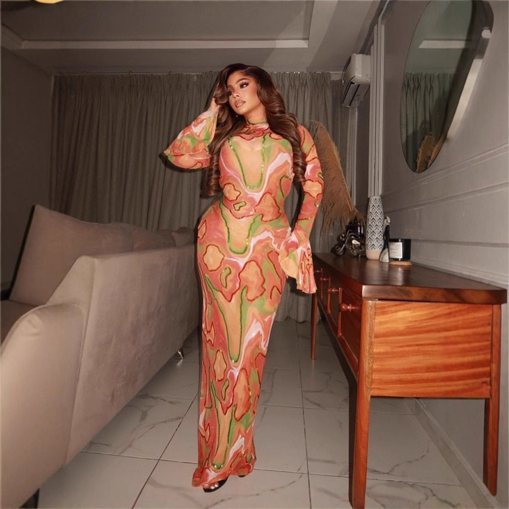 European and American new mesh diamond-encrusted semi-turtleneck slim-fitting sexy long-sleeved hip-wrapped dress women's clothing