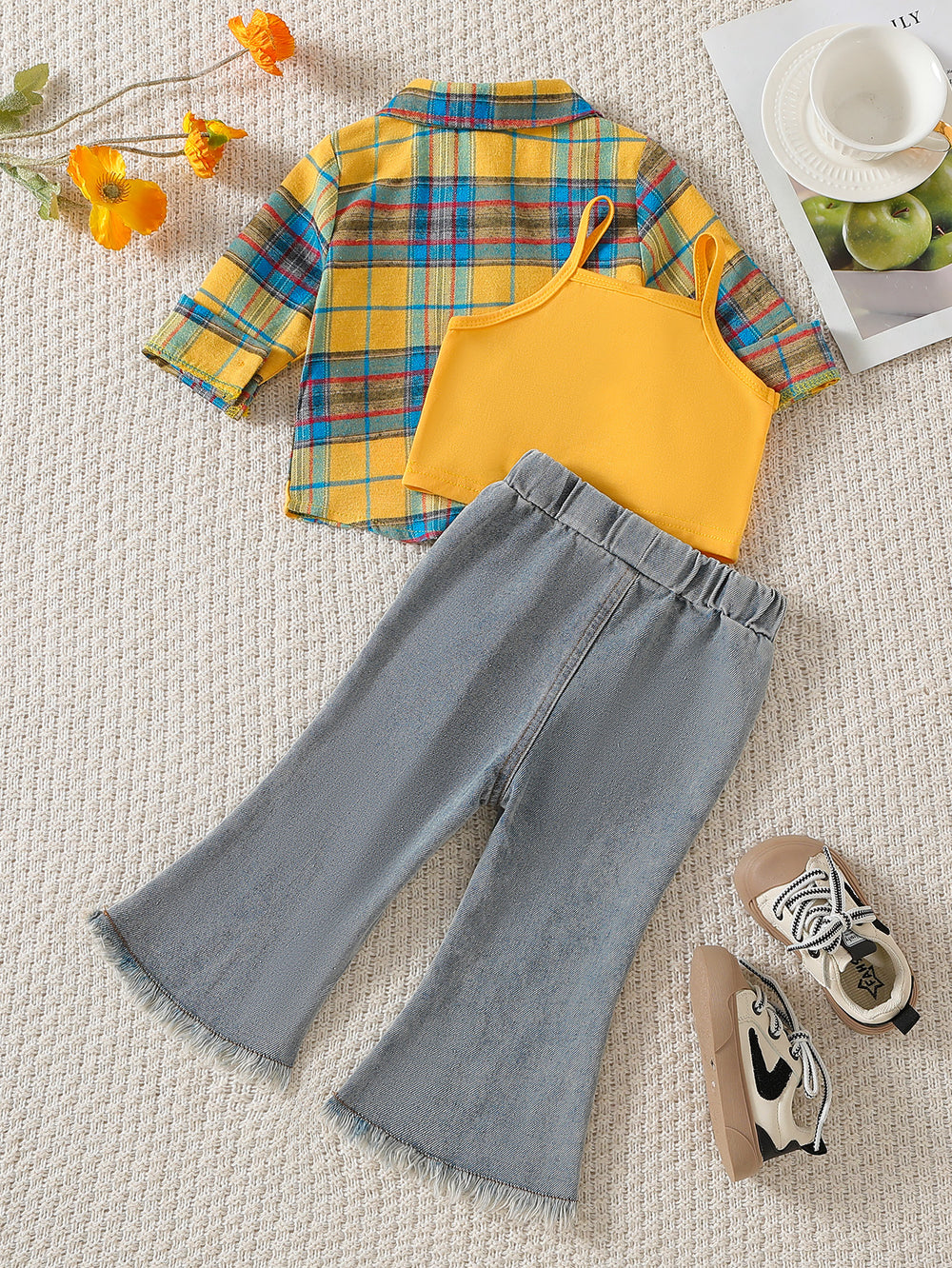 Trendy and playful yellow gingham shirt, jeans, and tank top three-piece set