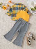 Trendy and playful yellow gingham shirt, jeans, and tank top three-piece set