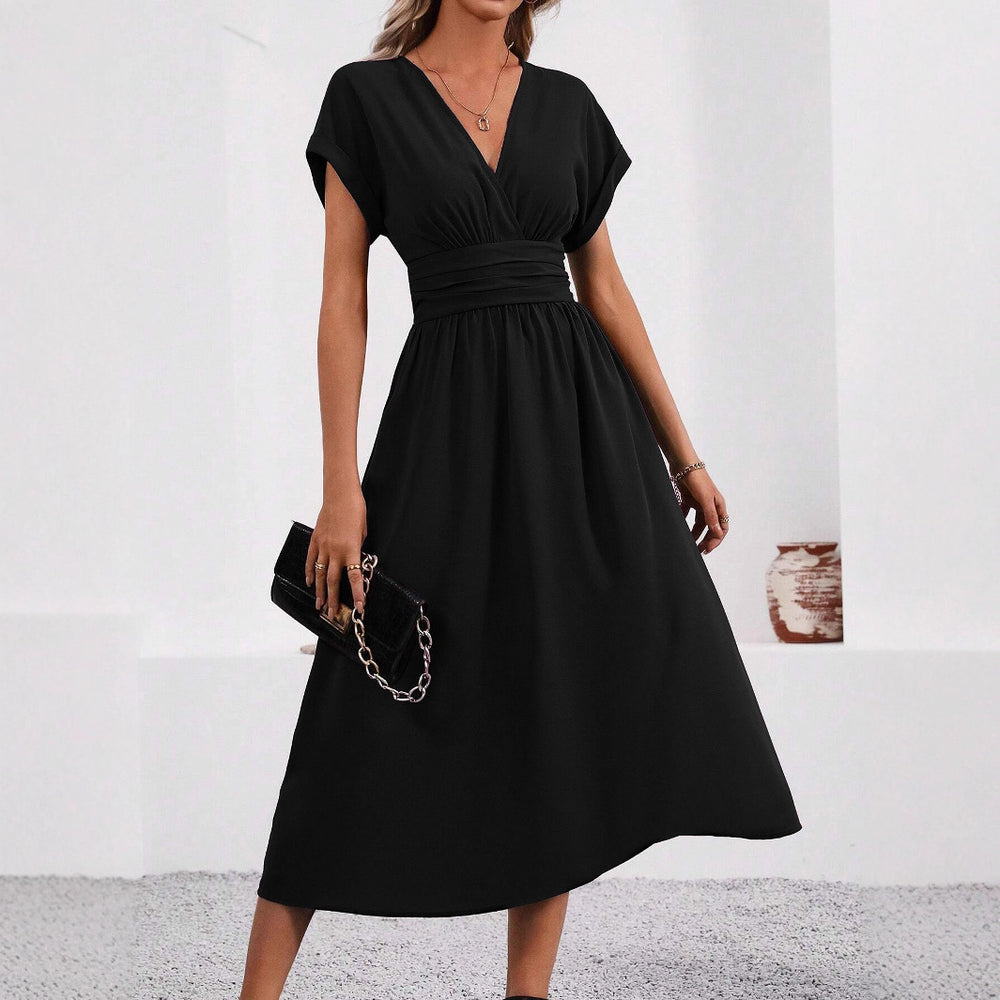 Women's summer solid color overlapping v-neck batwing sleeve waist ruched maxi elegant dress, women's long dress