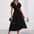 Women's summer solid color overlapping v-neck batwing sleeve waist ruched maxi elegant dress, women's long dress