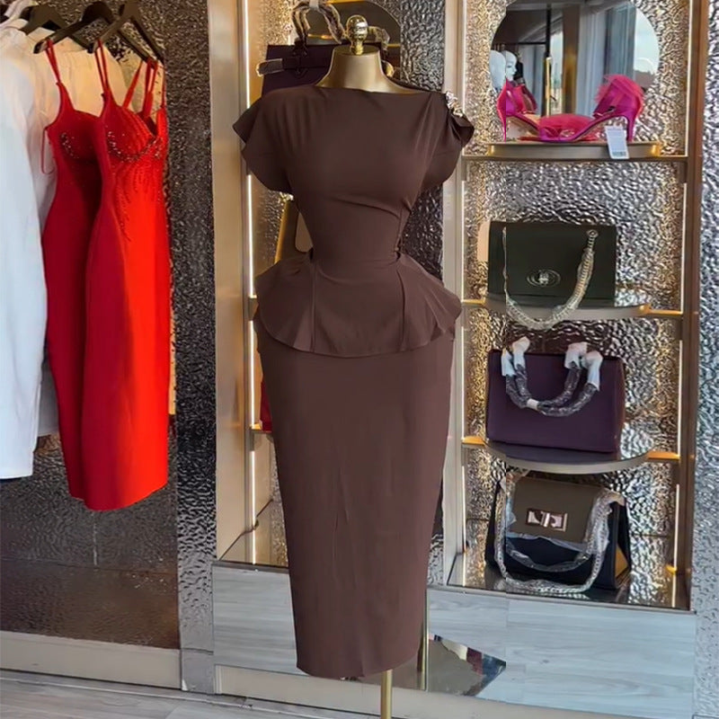 European and american women's clothing  autumn new collection: sweet and fresh off-the-shoulder short-sleeve blouse and high-waisted midi skirt two-piece set