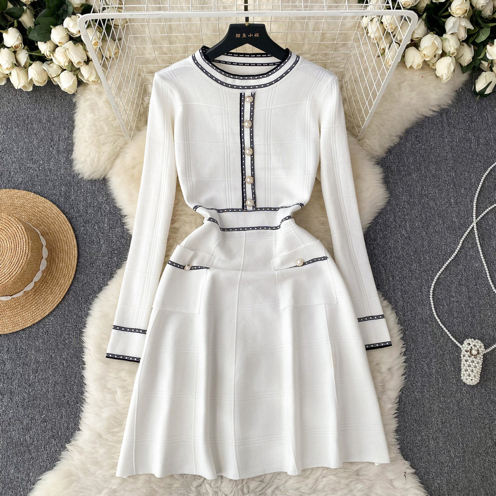 Luxury french-style knitted dress for women - autumn/winter long sleeve, cinched waist, unique design, elegant socialite style