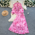 Elegant two-piece set: french-inspired, high-end tie-waist lantern sleeve printed chiffon top + high-waisted midi skirt