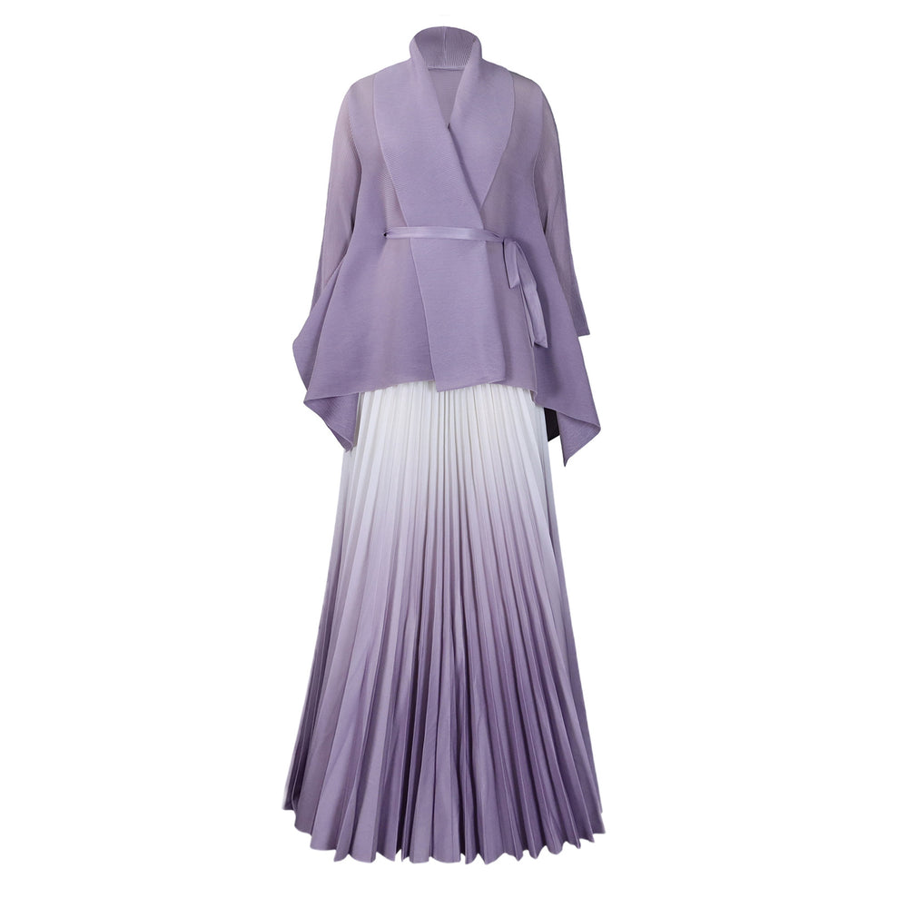 Q120 new  fashion pleated minimalist solid color top and gradient flared skirt two-piece set