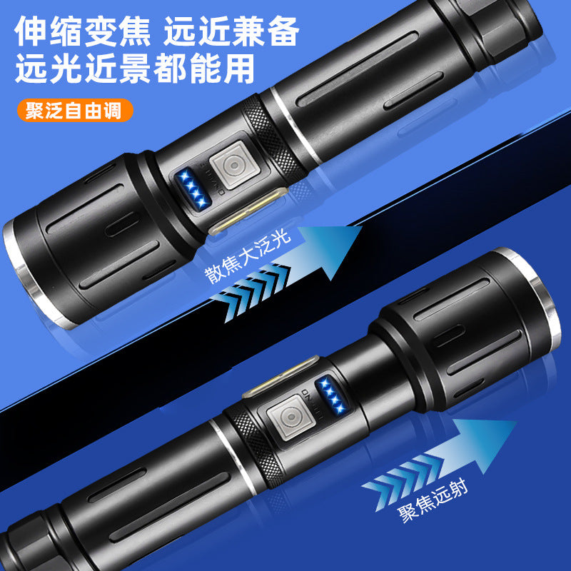 Cross-border new LED strong light zoom searchlight multi-function outdoor white laser lighting side light USB charging flashlight