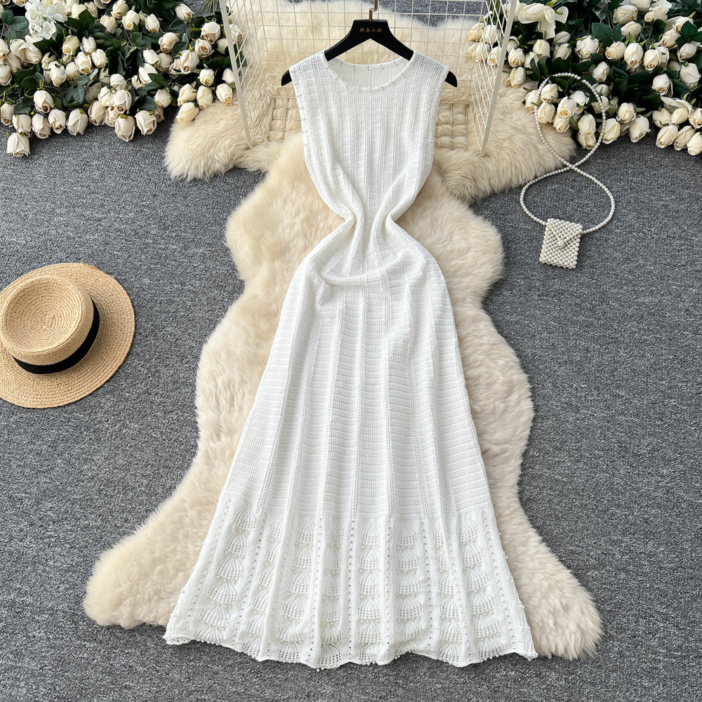 French chic high-end beaded sleeveless dress - women's slimming a-line knit maxi dress with round neck